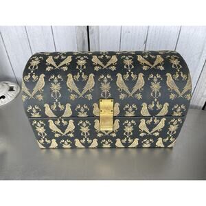 Vintage Neiman Marcus Italy Jacquard Gold Bird Print Jewelry Box Blue Gray RARE